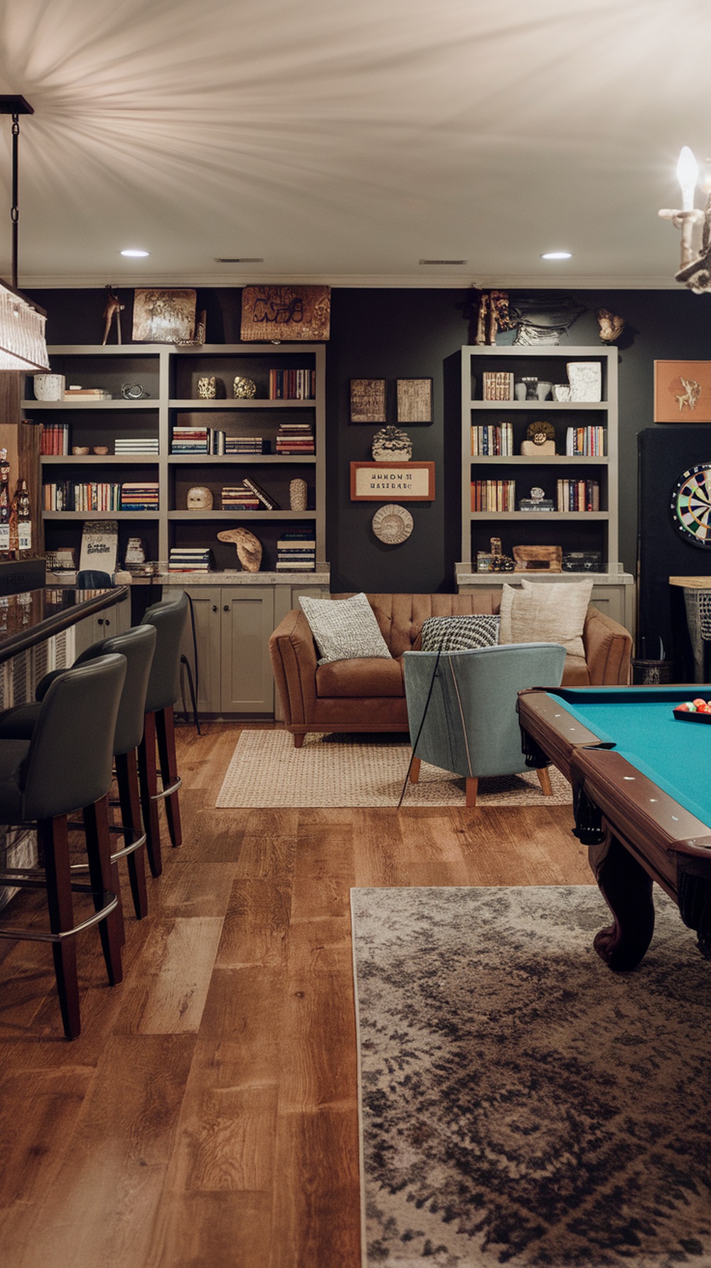 A cozy and stylish basement with seating, a bar, and a pool table.