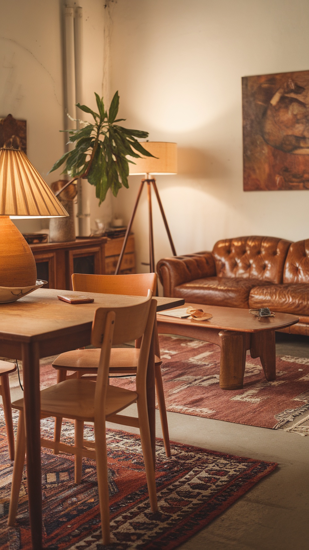 Cozy basement living area with leather couch, wooden table, and plants