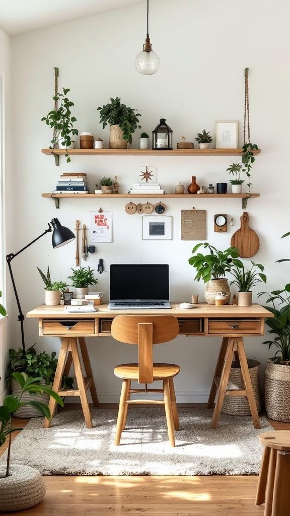 A cozy artisan workshop office with a wooden desk, green chair, and shelves filled with books and plants.