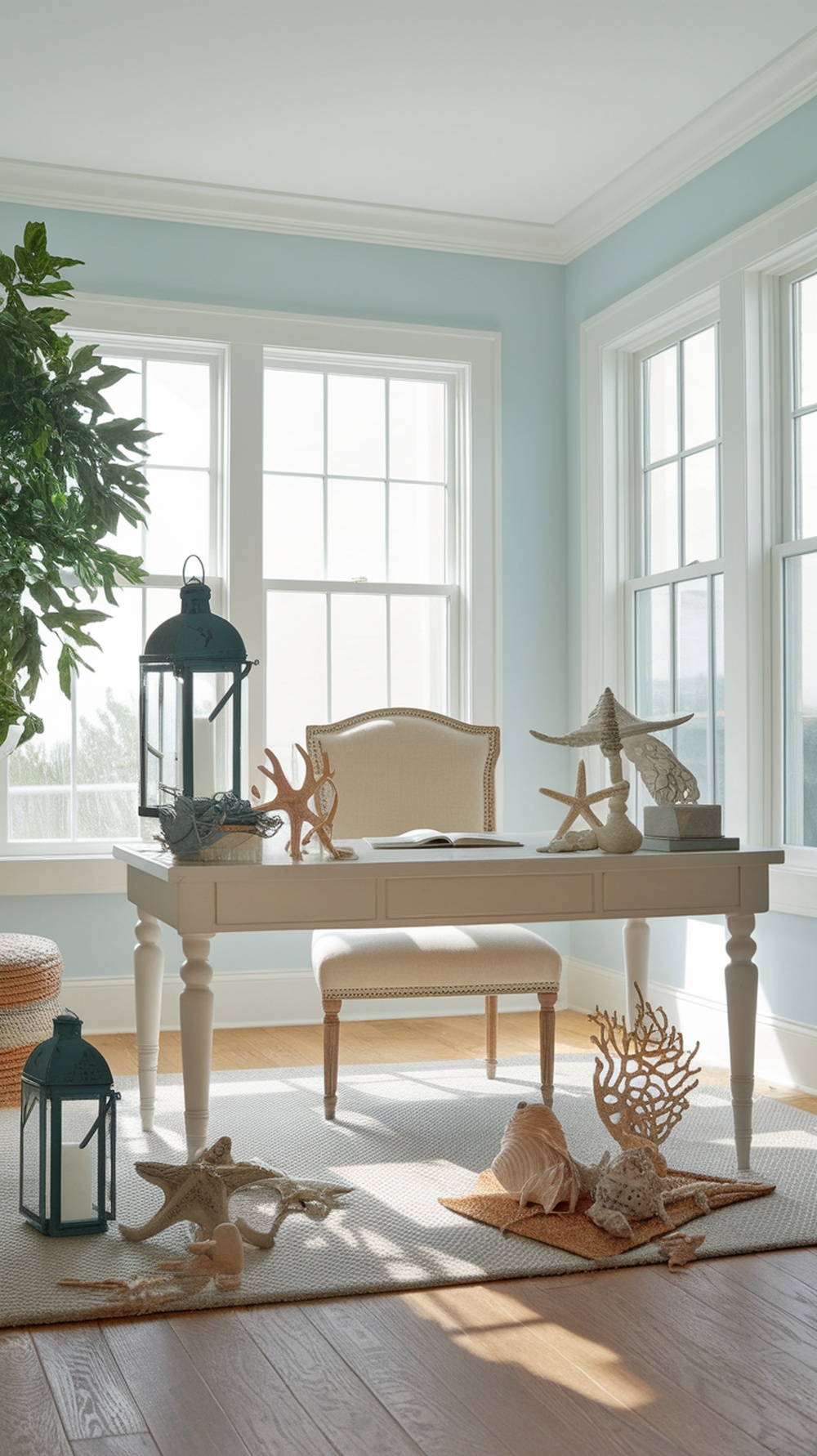A bright and airy coastal home office featuring a light blue wall, a simple desk, a comfortable chair, and decorative seashells.