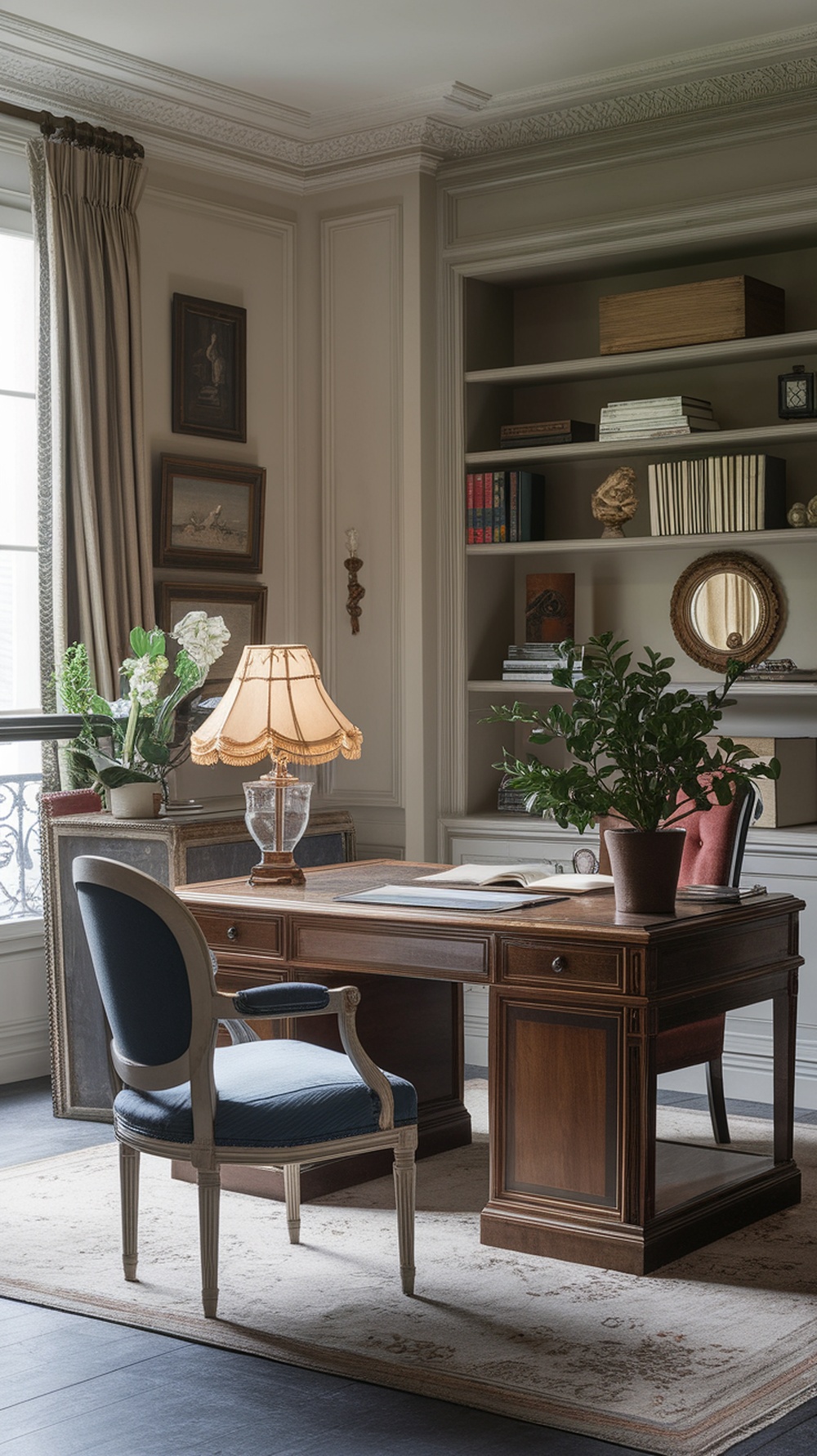 Chic Parisian home office with wooden desk, stylish chair, lamp, and plants