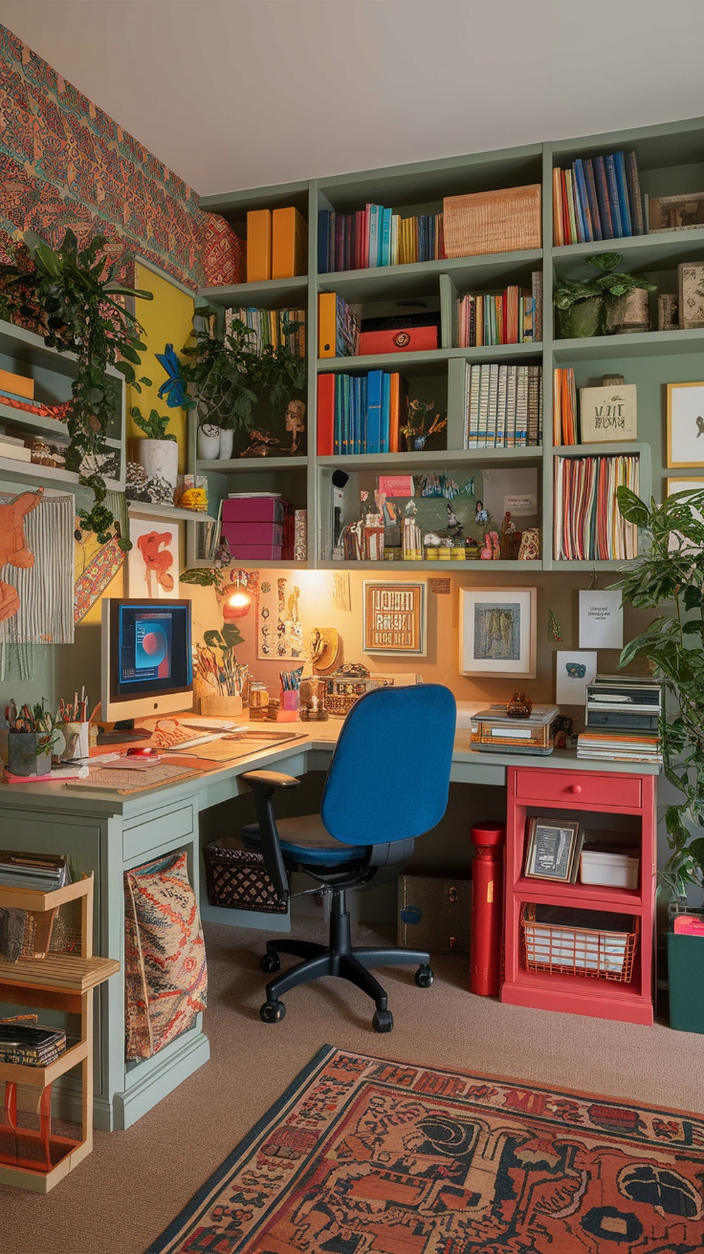A colorful home office with shelves filled with books and decor, a desk with art supplies, and a cozy chair.