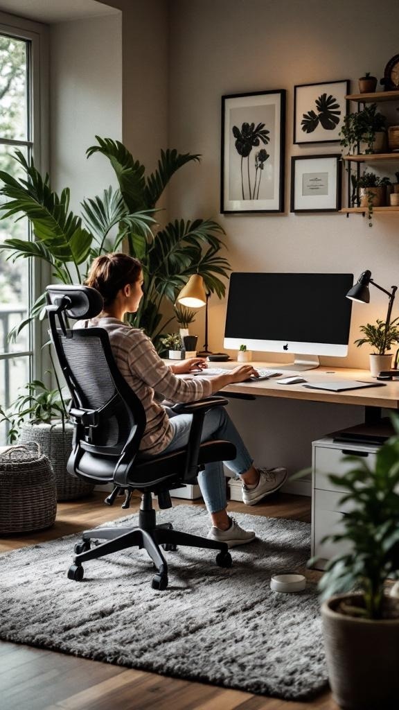 A comfortable ergonomic home office setup with a desk, chair, and decorative elements.