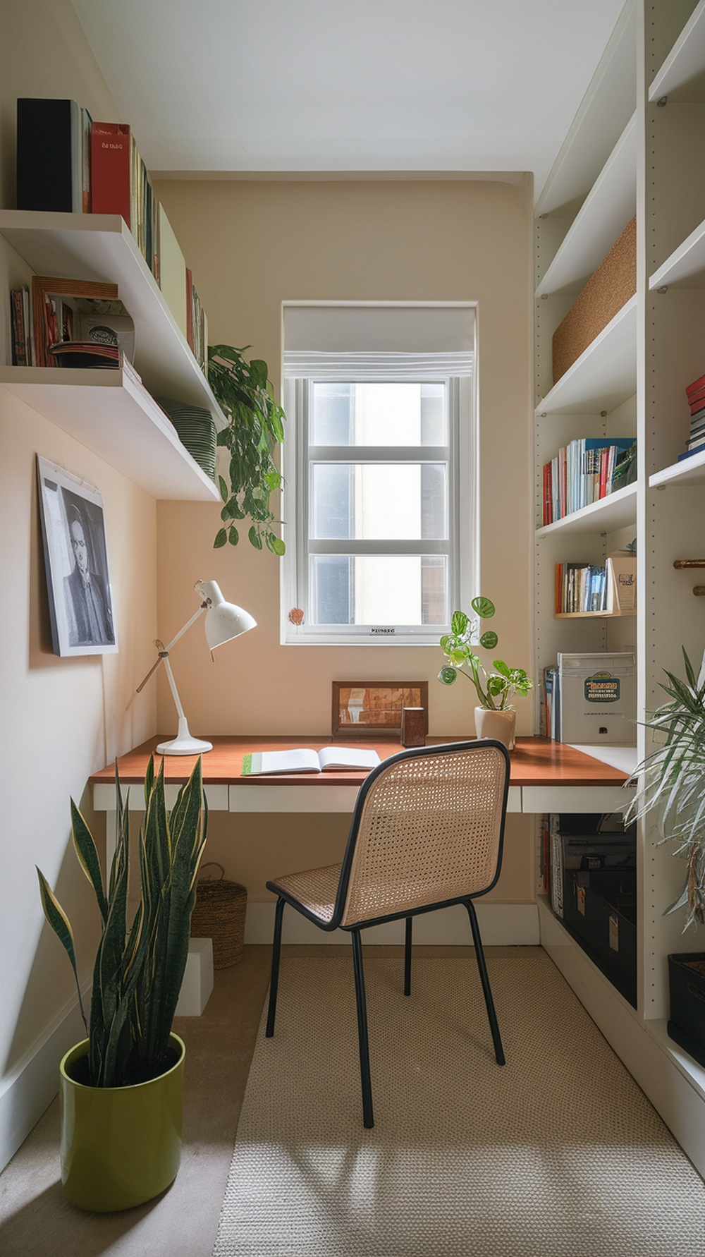 A compact urban home office with a desk, chair, shelves, and plants.
