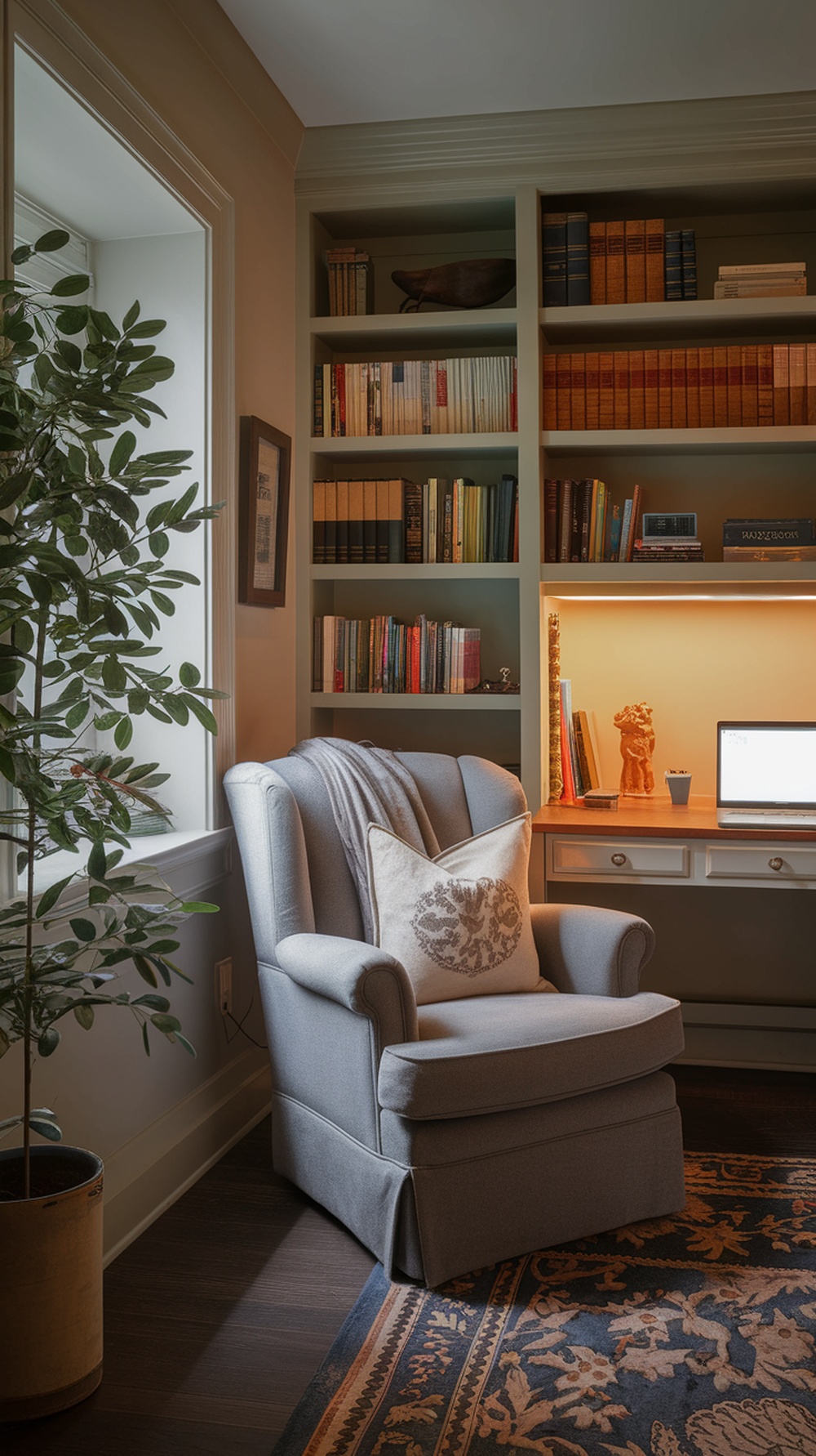Cozy reading nook office setup featuring a gray armchair, bookshelf, and desk.