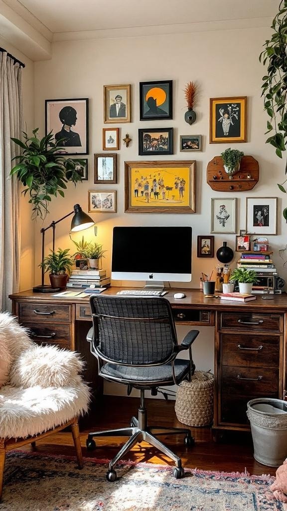 An eclectic home office featuring a green desk, vintage typewriter, bookshelves filled with books and decor, and a cozy chair.