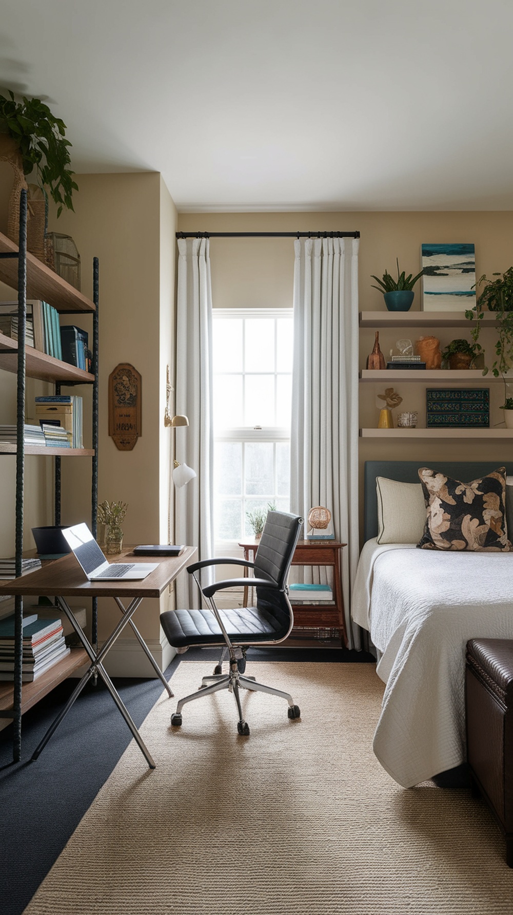 A cozy dual-purpose office space featuring a desk, chair, bed, and shelves with books and plants.
