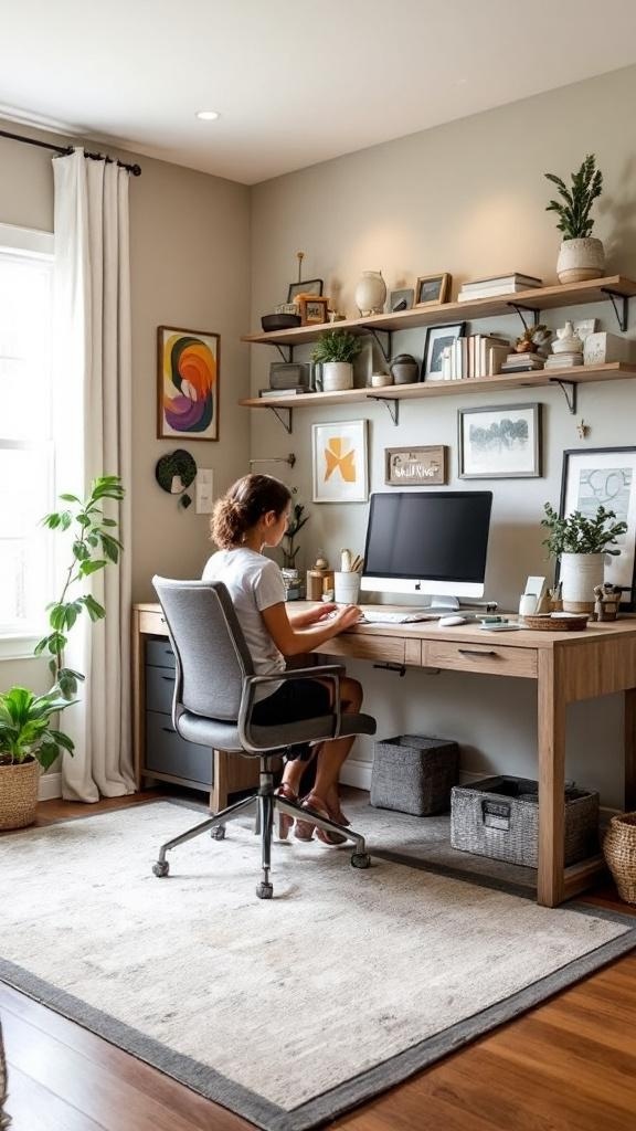 A functional family office space with a long desk, multiple chairs, bookshelves, and decorative plants.