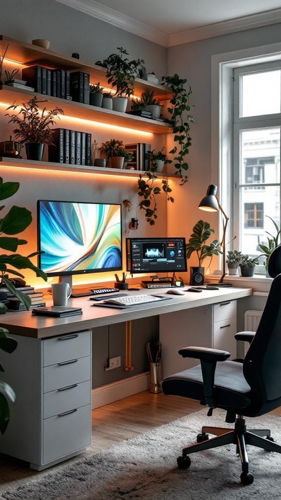 A modern home office featuring dual monitors, LED lighting, and an ergonomic chair, creating a high-tech workspace.