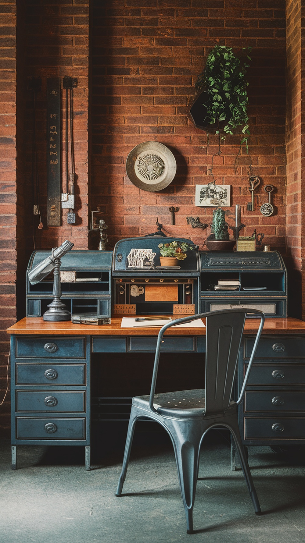 An industrial chic home office featuring a dark wooden desk, metal chair, and exposed brick wall with decorative elements.