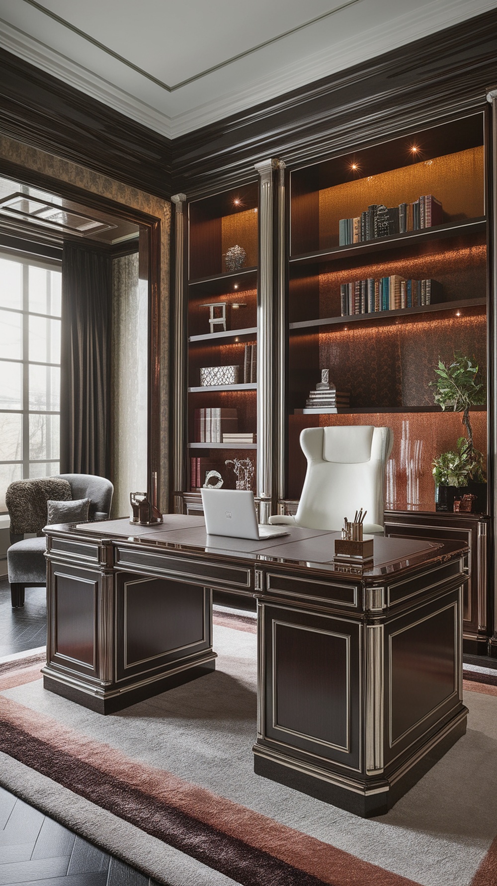 Luxury executive office with dark wood desk, plush armchair, and elegant decor
