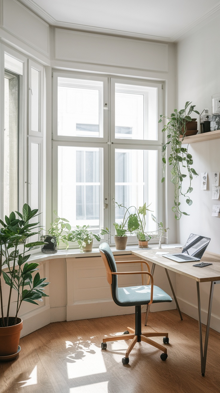 A minimalist home office with large windows, plants, and a simple desk setup