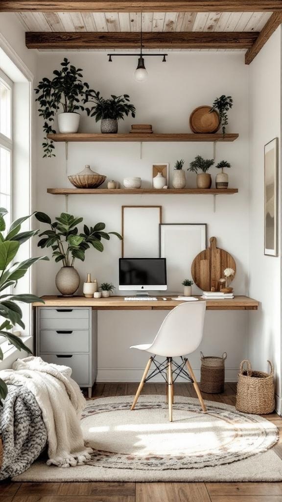 A cozy home office with wooden furniture and plenty of plants, creating a nature-inspired workspace.