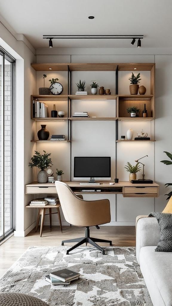 An open concept workspace featuring a desk, chair, laptop, and plants, with a cozy sofa in the background.