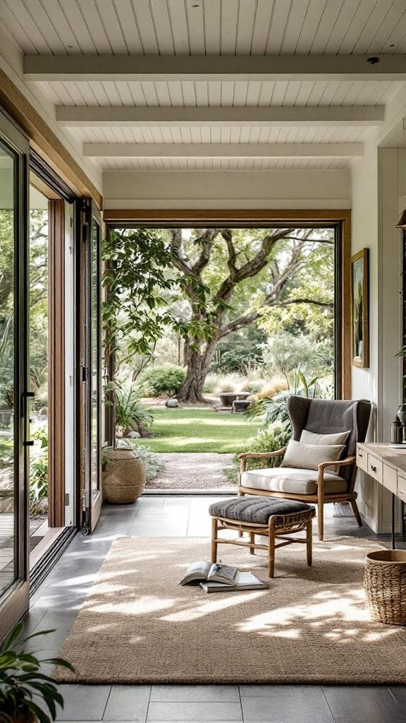 An outdoor-inspired home office with large windows, wooden furniture, and plants.