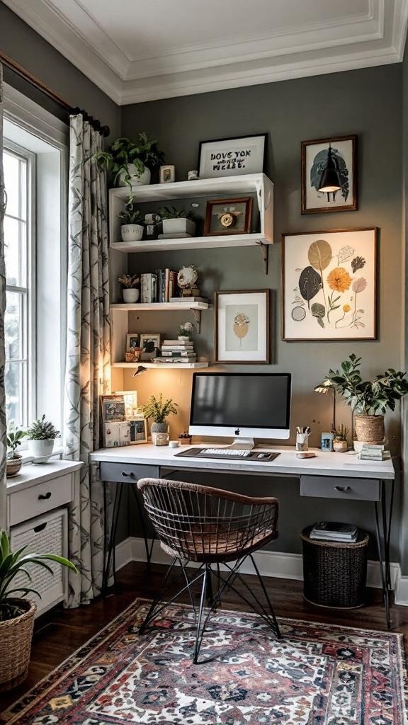 A cozy home office with colorful bookshelves, plants, and a desk with a computer.