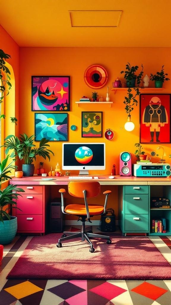 A colorful retro futuristic office design featuring a yellow chair, teal and pink walls, and a round window.