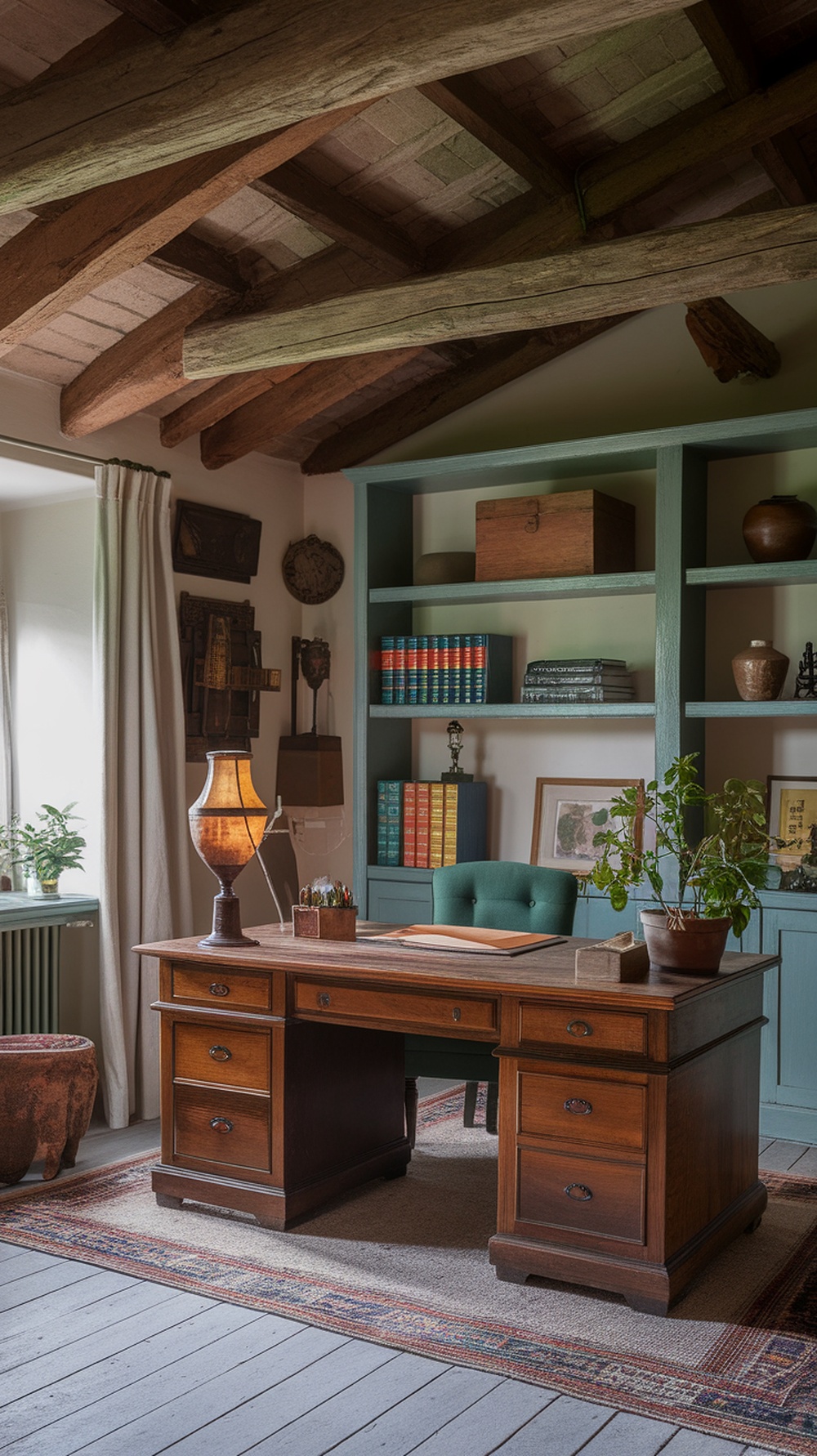 A rustic farmhouse office featuring a large wooden desk, green chair, and bookshelves with decorative items.