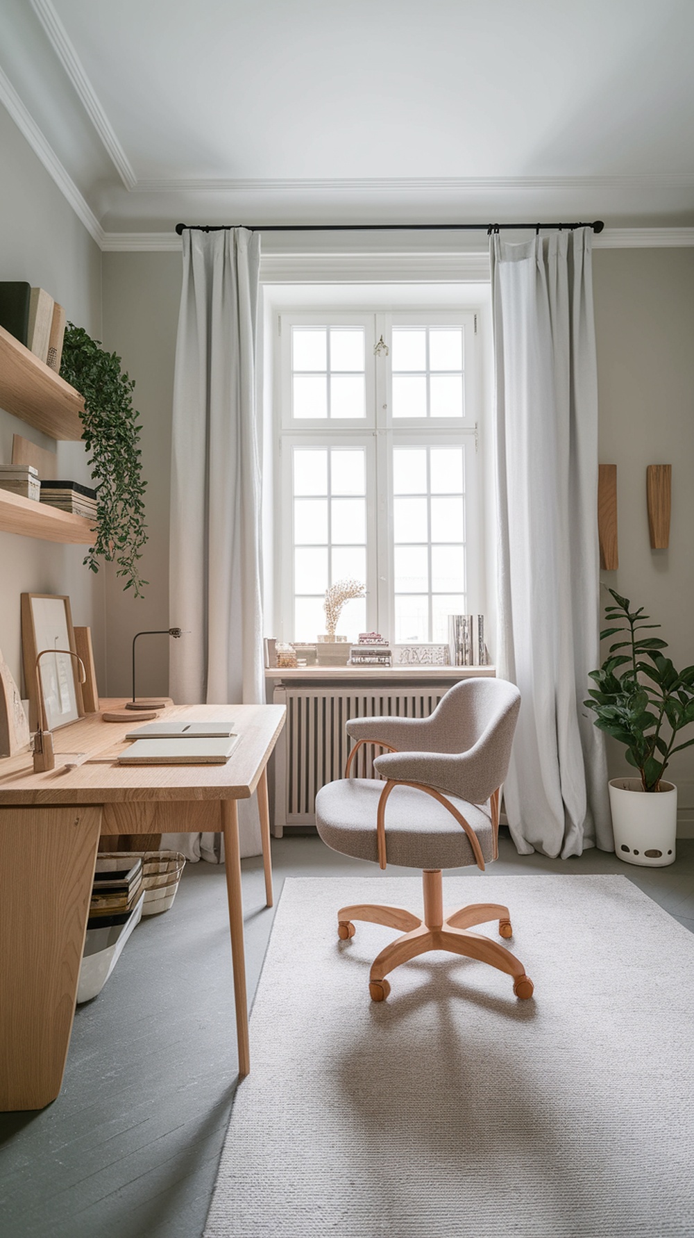 A Scandinavian design home office featuring a wooden desk, a comfortable chair, and natural light from a large window.