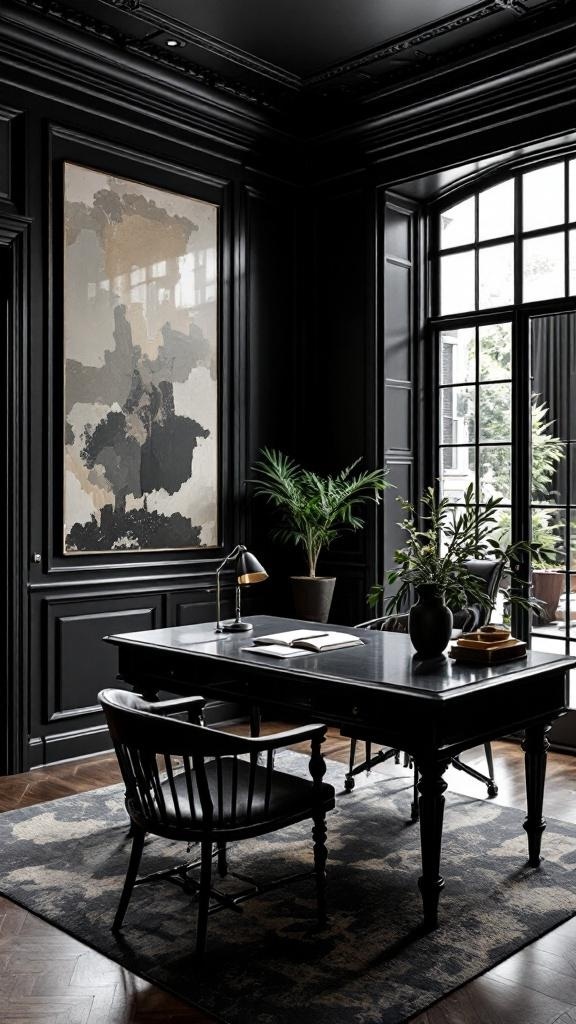 A sophisticated dark-themed home office with black furniture, soft lighting, and decorative elements.