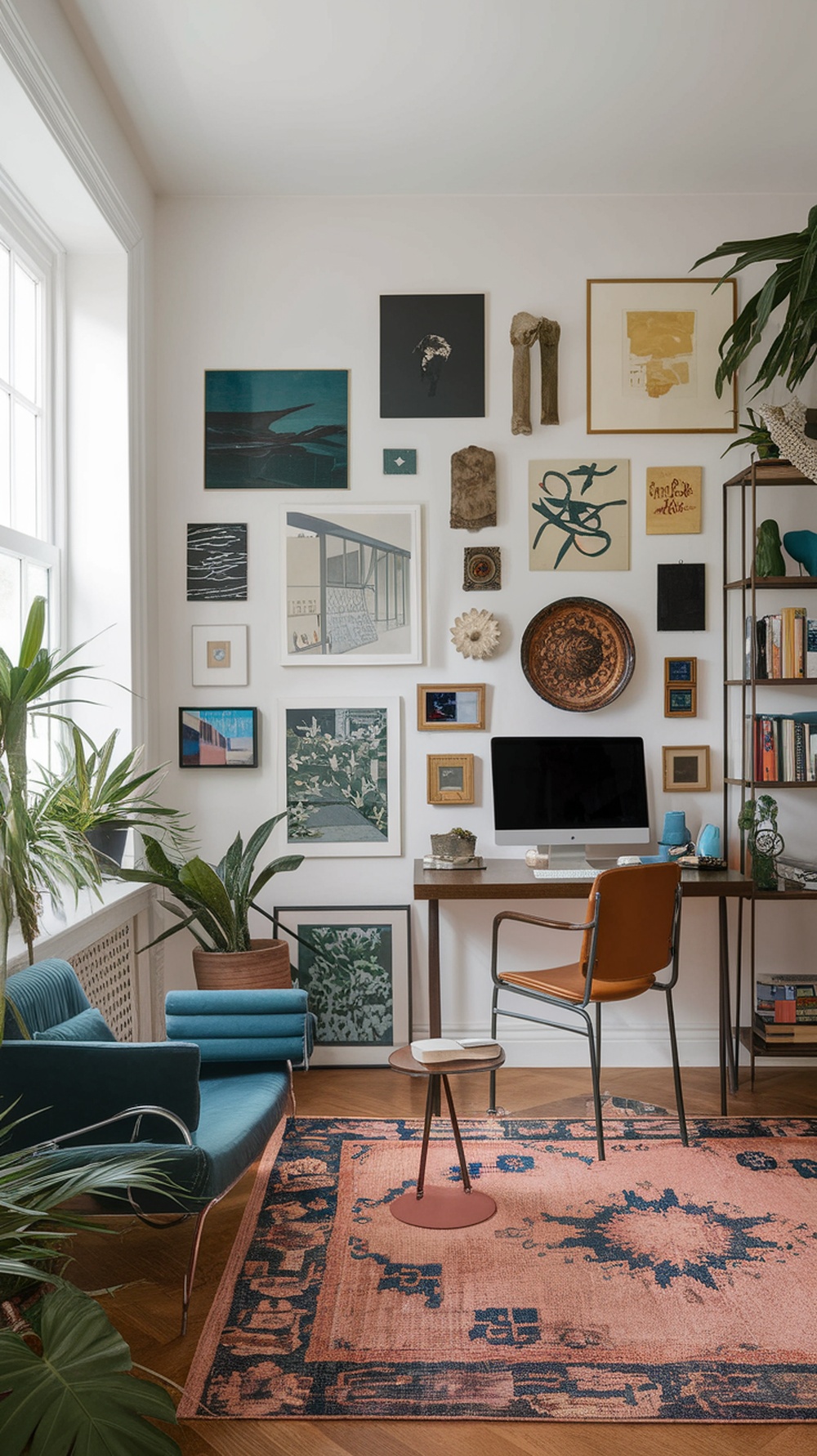 Stylish home office with a gallery wall, featuring art pieces, a desk, and plants.