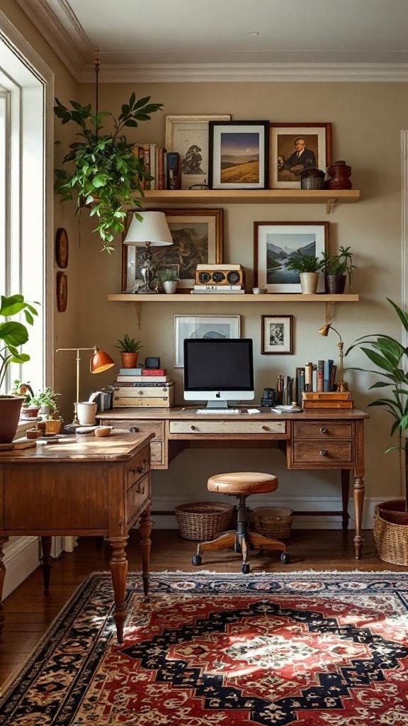 A vintage home office with a classic desk, bookshelves, and warm lighting.