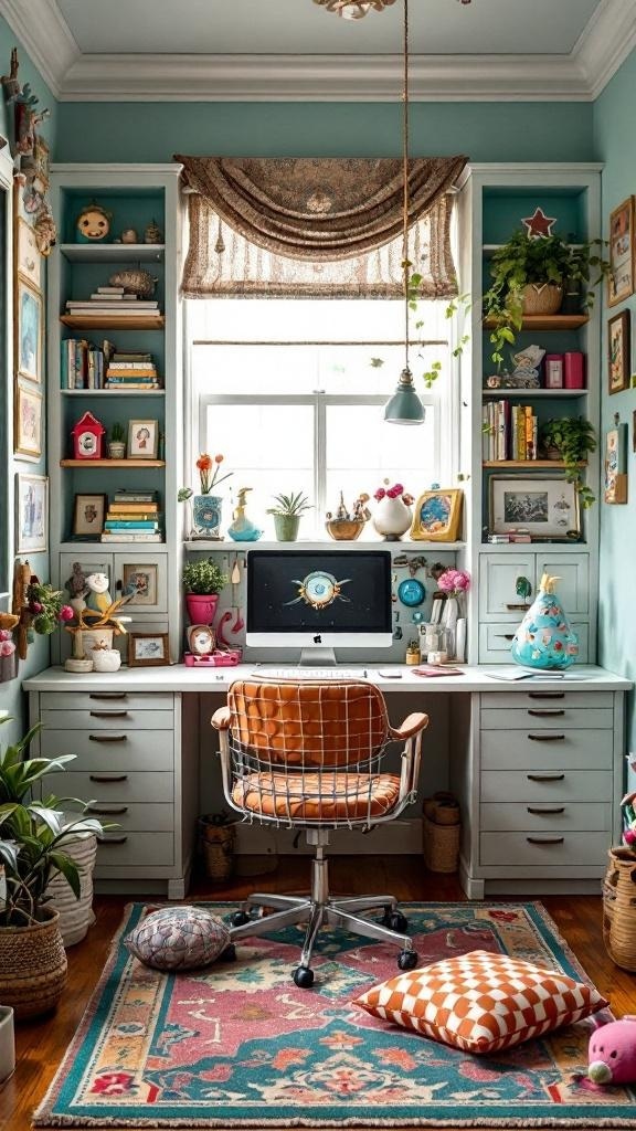 A whimsical home office featuring a colorful mural of a castle, a cozy blue chair, and playful decor items.