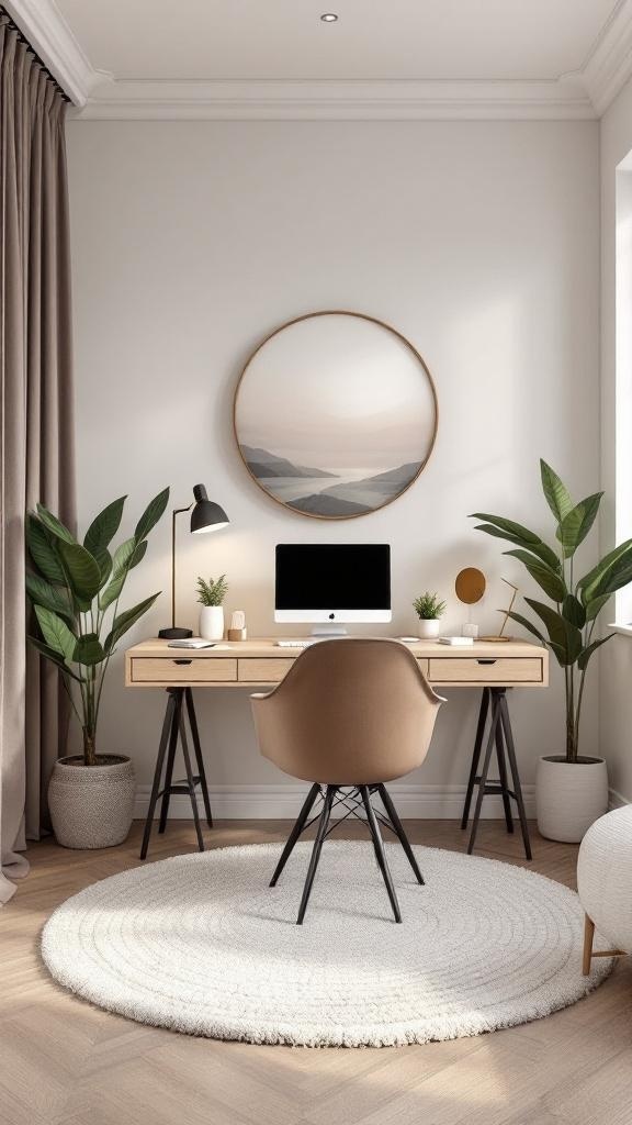 A serene home office space with plants, natural light, and a cozy chair.