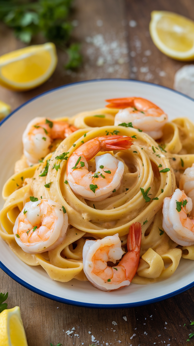 Garlic Lemon Butter Shrimp Pasta Plate of garlic lemon butter shrimp pasta garnished with parsley and lemon zest.