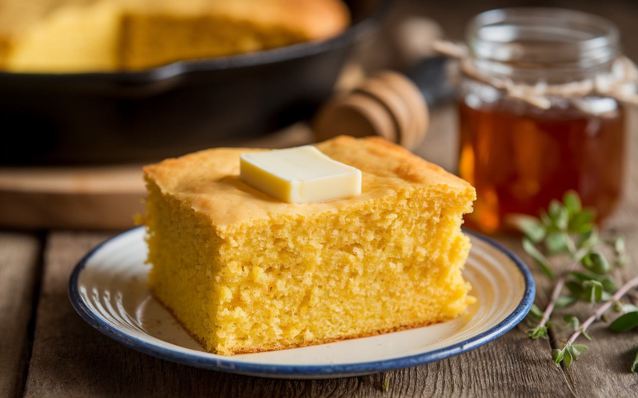 Classic Southern Cornbread Recipe A slice of warm Southern cornbread with butter, served on a wooden table with a cast-iron skillet.