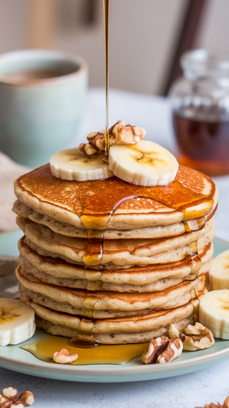 Fluffy Vegan Banana Oat Pancakes Fluffy vegan banana oat pancakes topped with banana slices and walnuts, served with maple syrup.