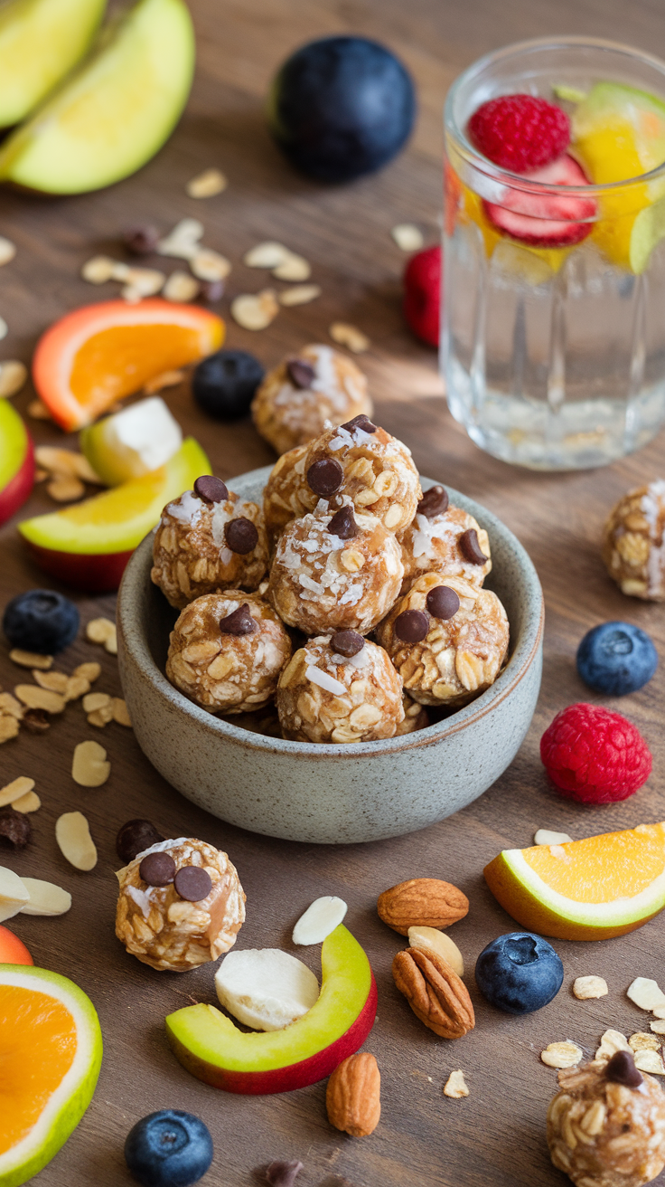 Quick and Easy No-Bake Healthy Snack Recipes Colorful no-bake healthy snack balls made from oats and nuts, surrounded by fresh fruit and nuts on a rustic wooden table.