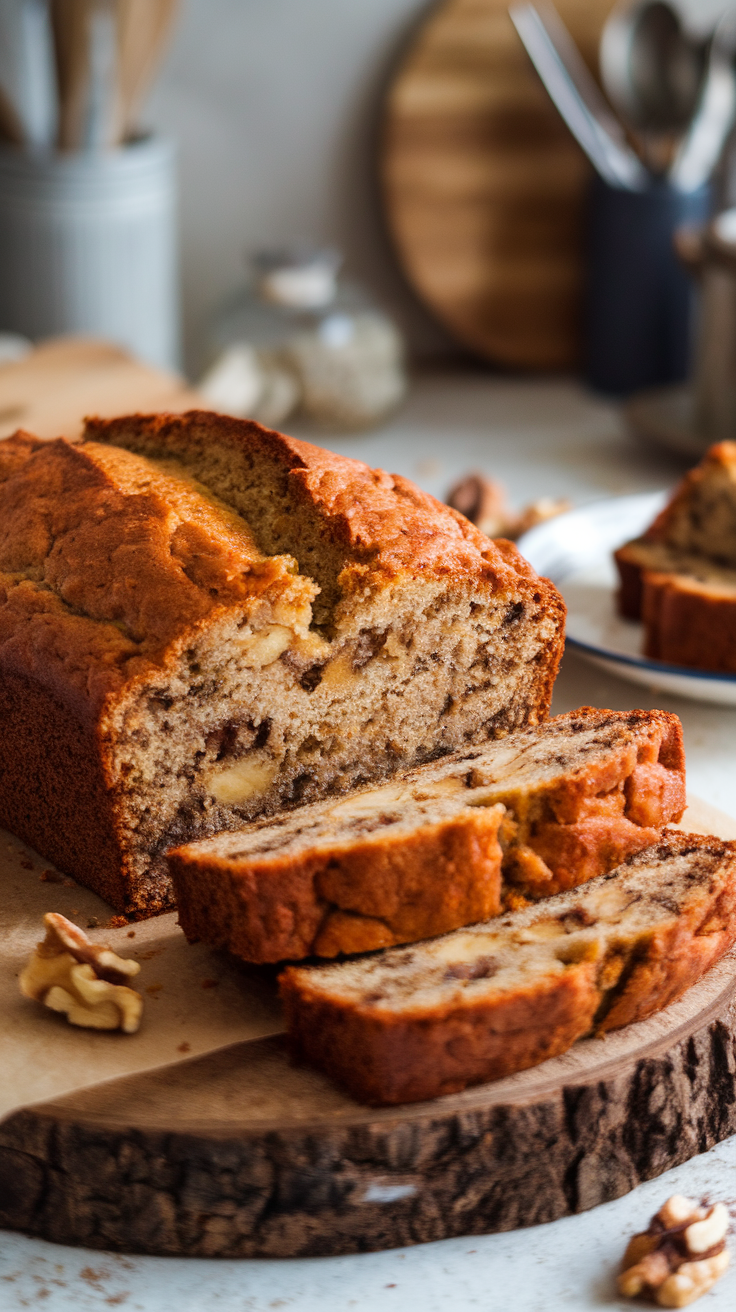 Moist and Delicious Banana Bread Recipe A loaf of moist banana bread with slices cut, placed on a wooden cutting board with scattered walnut.