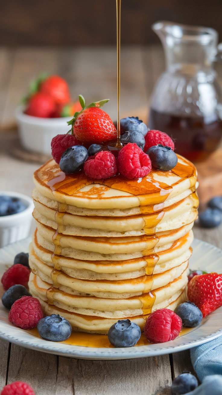 Fluffy Buttermilk Pancakes with Fresh Berries Fluffy buttermilk pancakes with fresh berries and maple syrup on a rustic table.