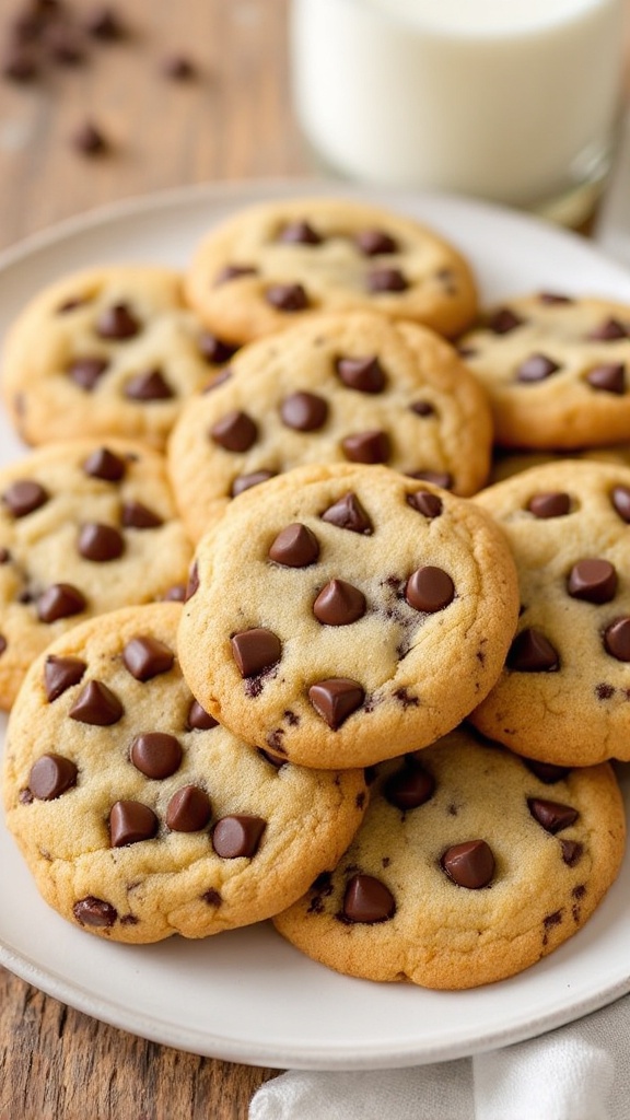 Classic Chocolate Chip Cookies Recipe A plate of warm chocolate chip cookies with melting chocolate chips next to a glass of milk