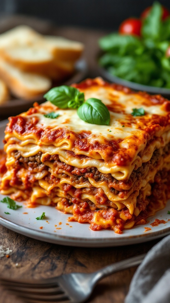 Classic Italian Lasagna Recipe Classic Italian lasagna layers of meat sauce and cheese, served with garlic bread and salad.
