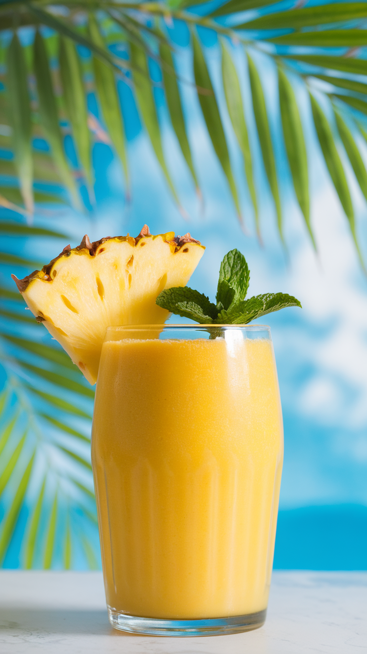 Refreshing Mango Pineapple Smoothie Without Milk A refreshing mango pineapple smoothie in a glass, garnished with pineapple and mint, against a tropical backdrop.