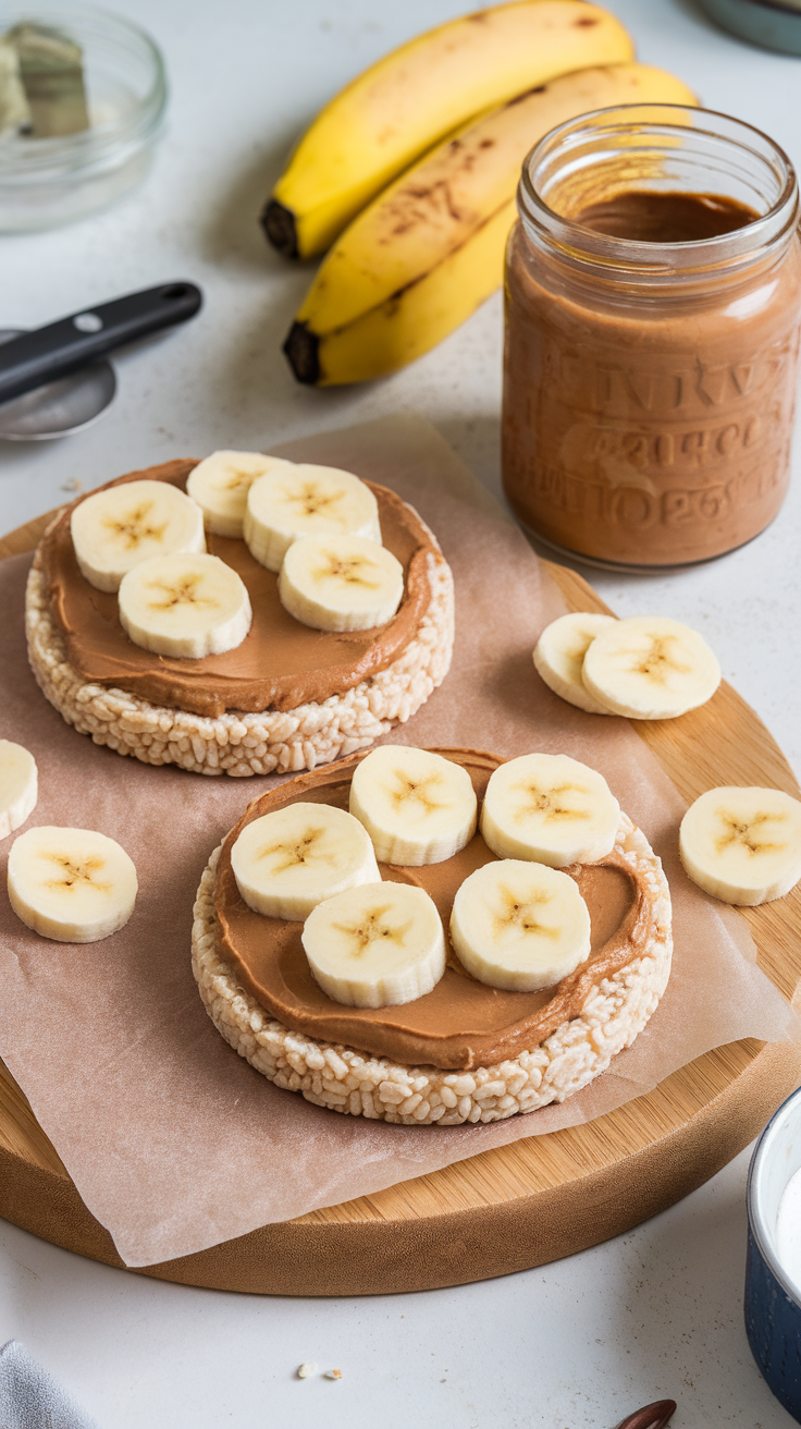 Almond butter spread on rice cakes topped with banana slices, with bananas and almond butter jar in the background.
