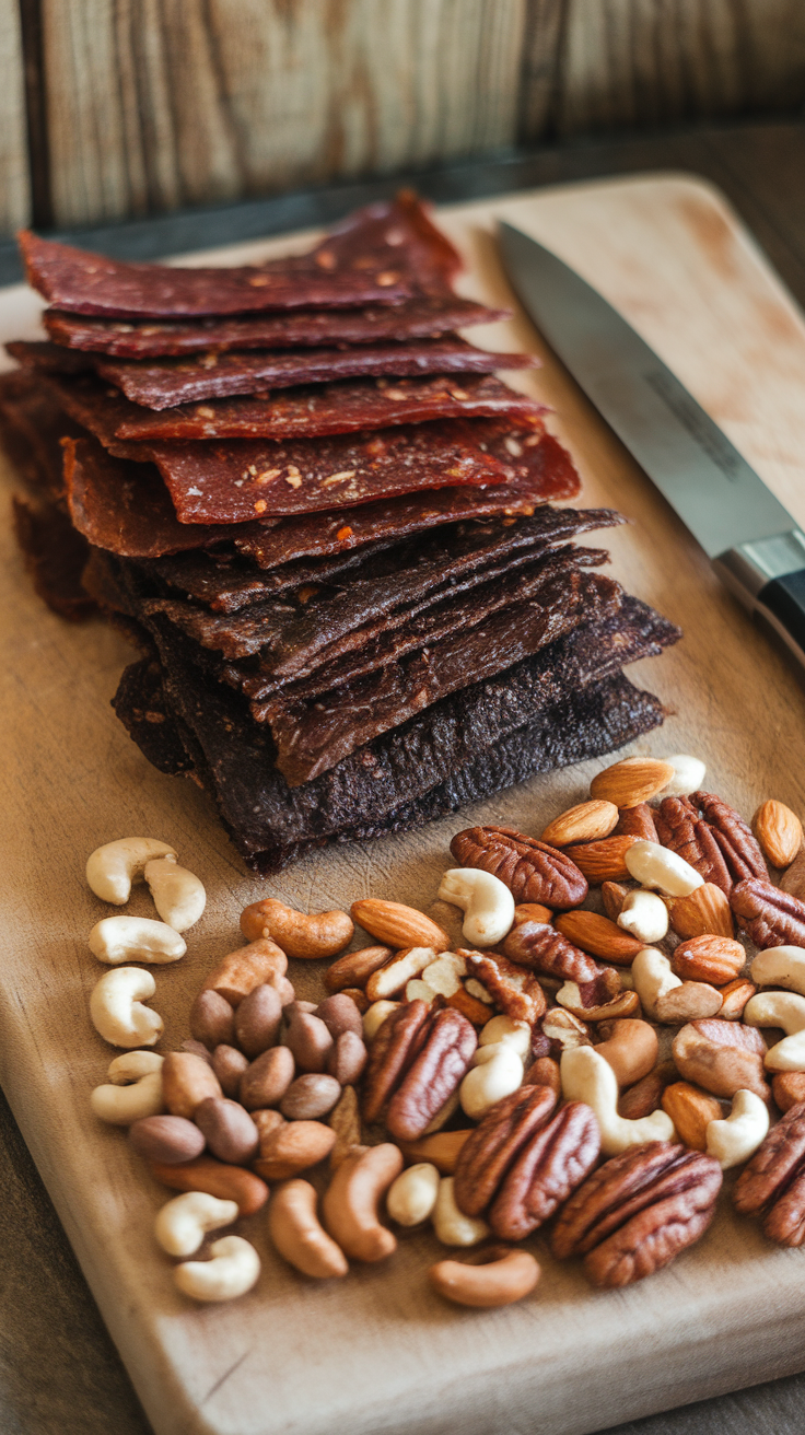 A wooden cutting board with stacked slices of beef jerky and a mix of nuts.