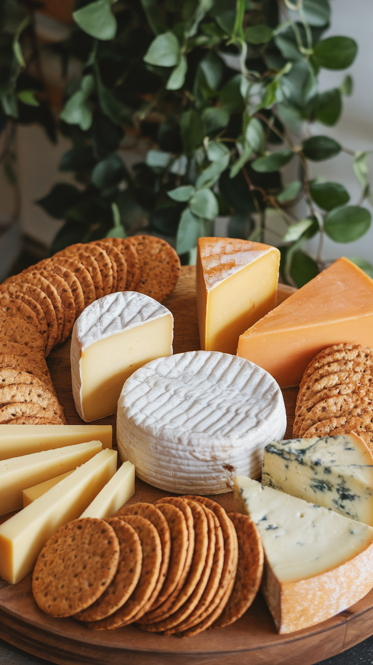 A variety of cheeses and whole grain crackers arranged on a wooden platter.