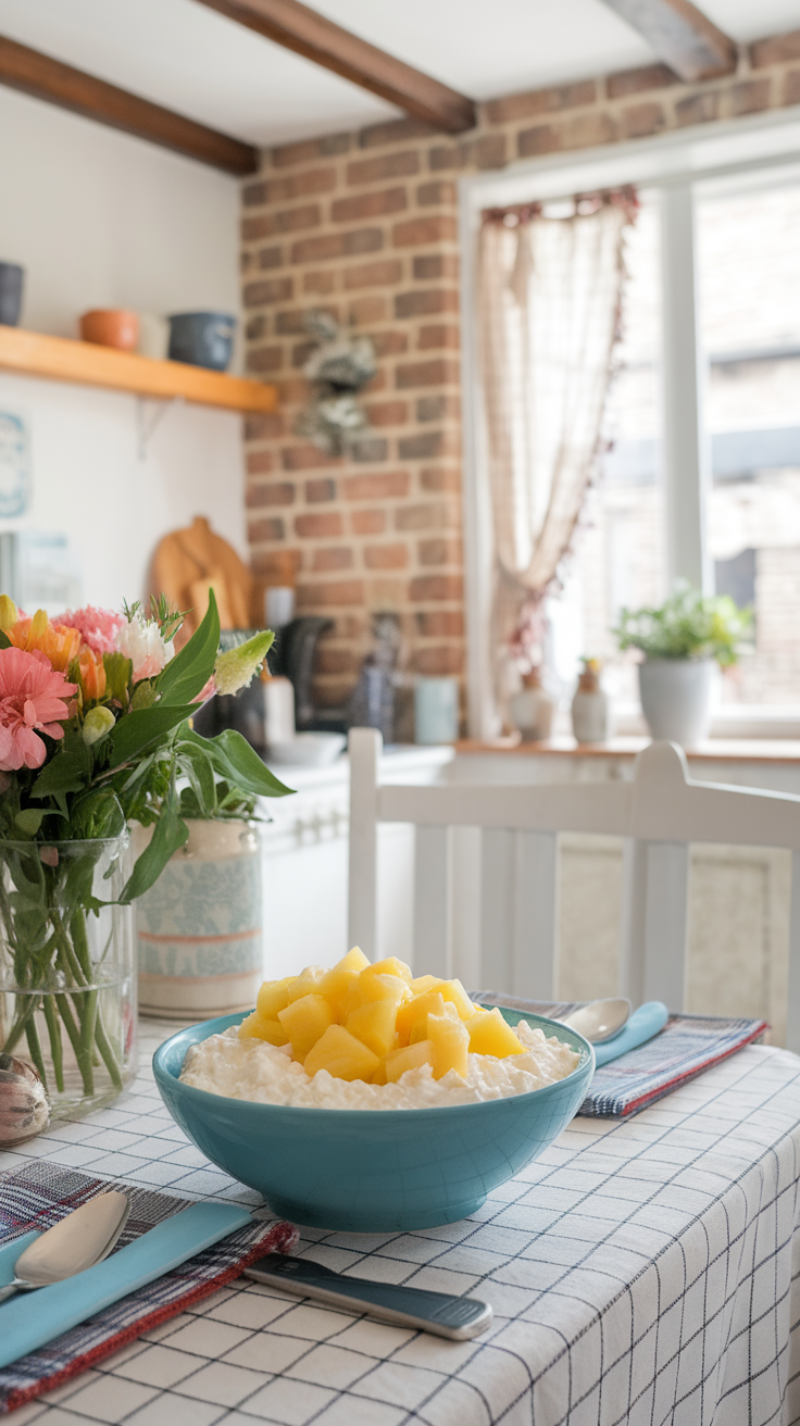A bowl of cottage cheese topped with pineapple chunks on a dining table with flowers and a cozy setting.