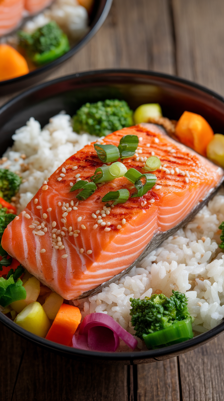 Savory Salmon Rice Bowl in a Rice Cooker Salmon Rice Bowl with grilled salmon, white rice, green onions, sesame seeds, and colorful steamed vegetables.