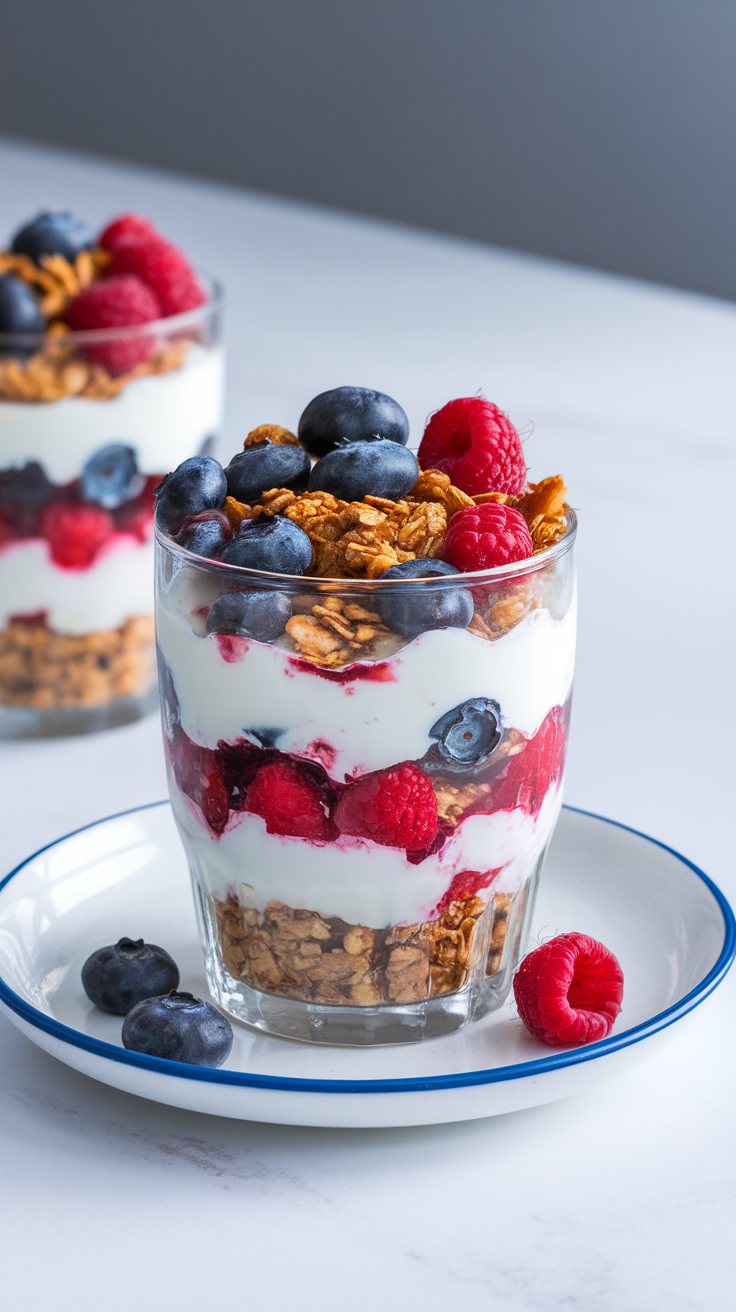 A delicious Greek yogurt parfait with layers of yogurt, granola, and mixed berries in a clear glass.