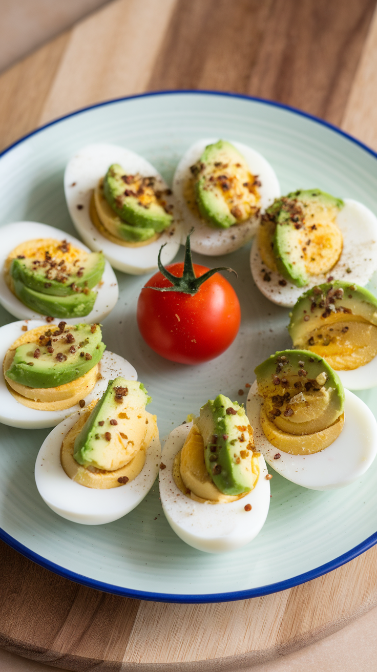 A plate of hard-boiled eggs topped with avocado slices, garnished with spices, and a cherry tomato.