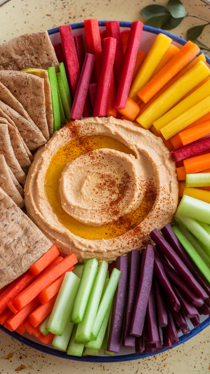 A colorful plate of hummus surrounded by various veggie sticks.