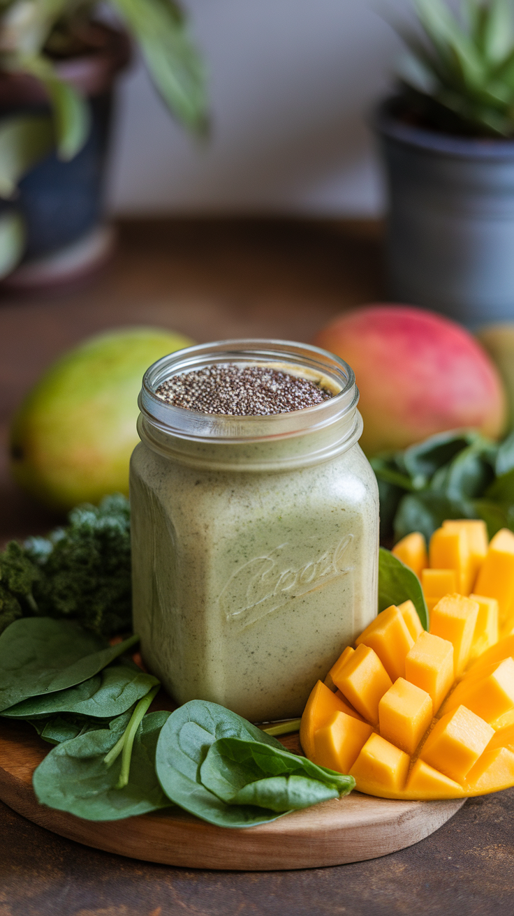 A protein smoothie with spinach in a glass jar, surrounded by fresh spinach leaves, diced mango, and fruits.