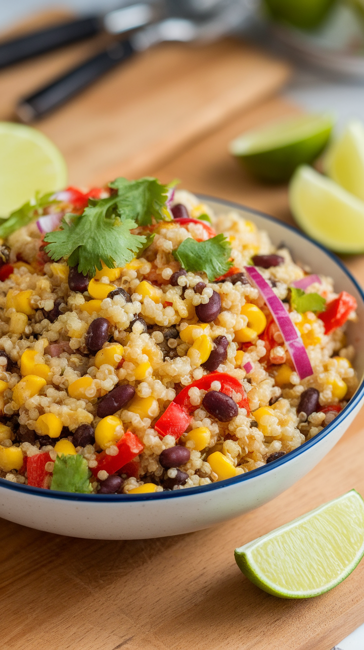 A colorful quinoa salad with black beans, corn, diced red bell pepper, and cilantro, garnished with lime wedges.