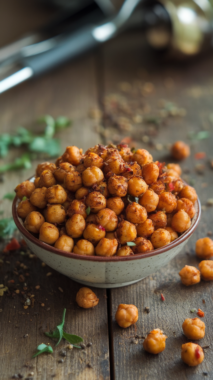A bowl of spicy roasted chickpeas on a wooden table.