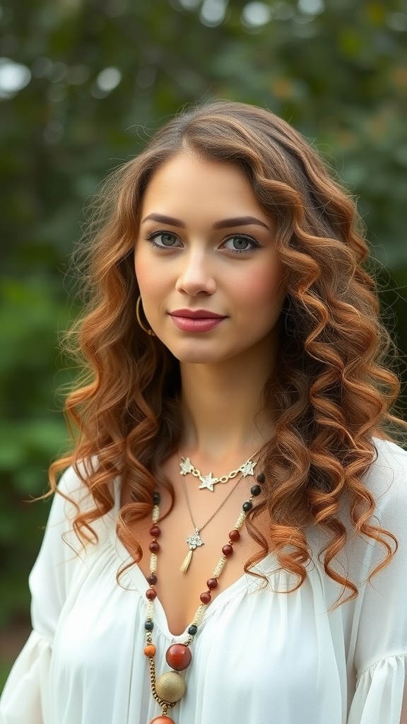 A woman with long curly hair styled in a center part, showcasing honey tea brown hair color.