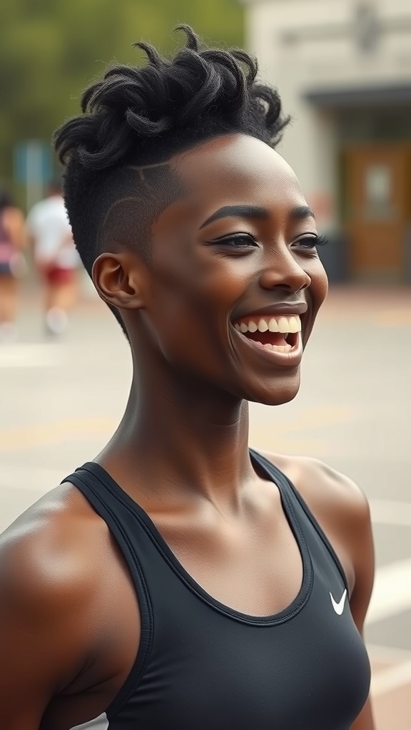 A woman smiling with a short brown pixie cut featuring a side line fade.